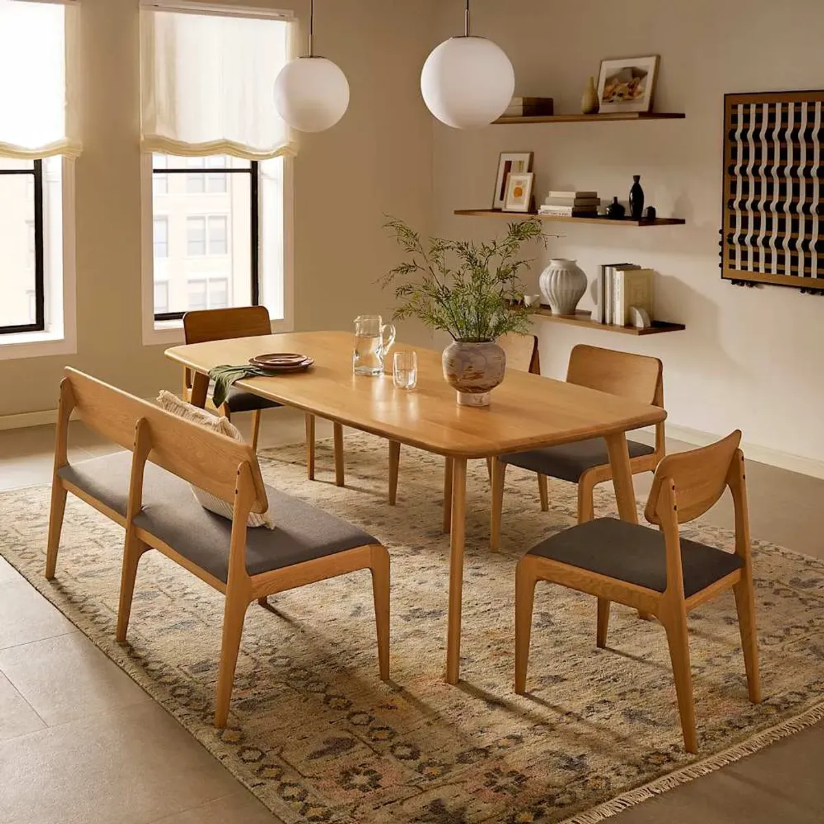 Vincent Dining Table 59.1" with 47.2" Bench and 4 Chairs Set, Oak