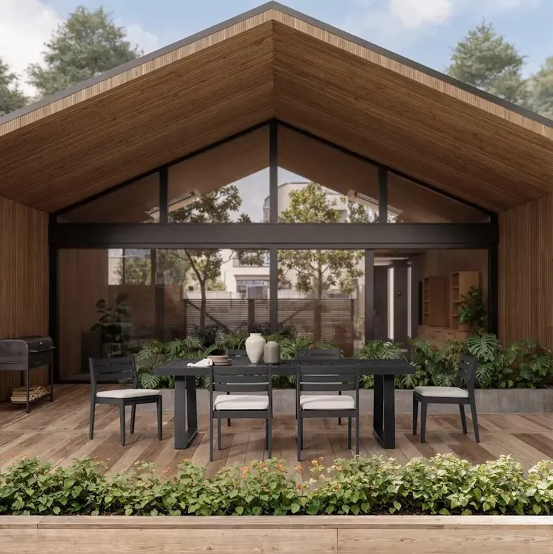 Rio Outdoor Aluminum Dining Table, 78.7" and 6 Chairs, Natural Beige