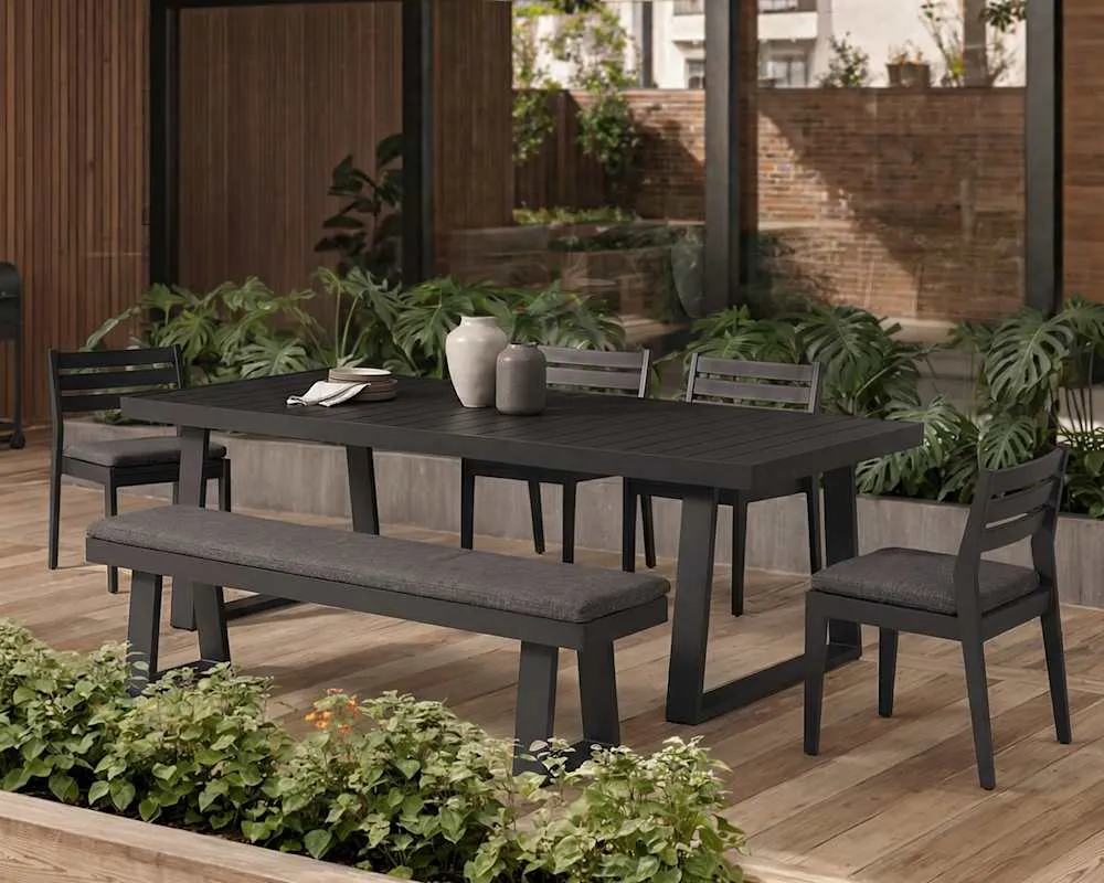 Rio Outdoor Aluminum Dining Table, 63" and 2 Chairs and 51.2" Bench, Slate