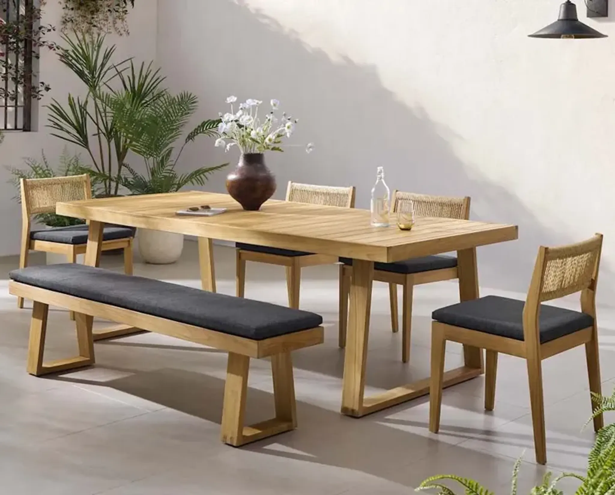 Rio Outdoor Teak Dining Table 78 7 And 4 Chairs And 51 2 Bench Treated ...