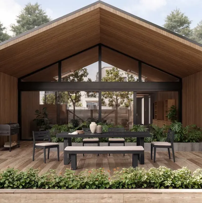 Rio Outdoor Aluminum Dining Table, 63" and 2 Chairs and 51.2" Bench with Ivory Cover, Natural Beige