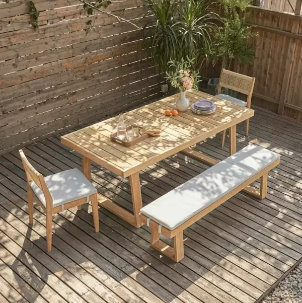 Rio Outdoor Teak Dining Table, 63" and 2 Chairs and 51.2" Bench (Treated Version) with Ivory Cover
