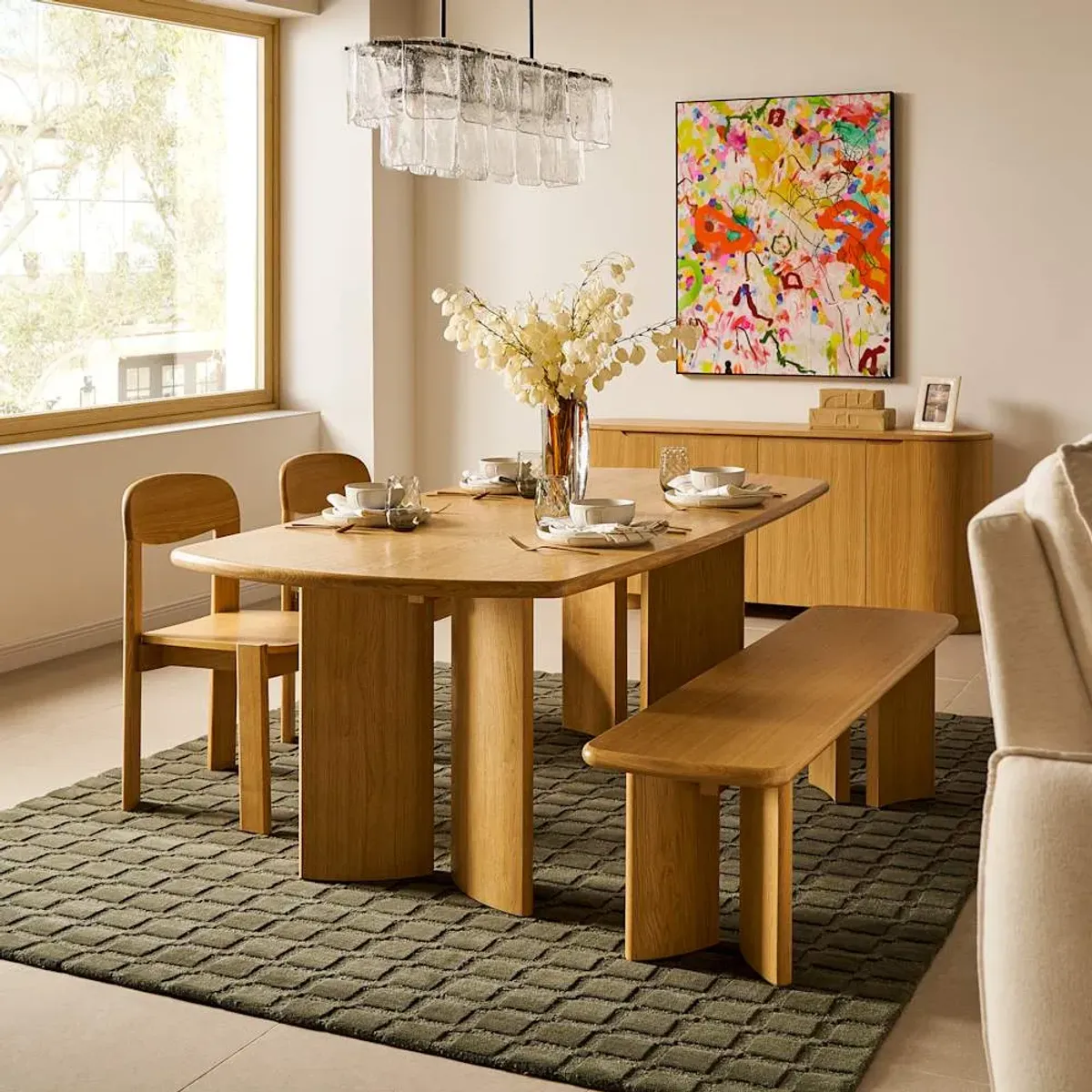 Posey Dining Table with Bench Set 86.6" Table and 66.9" Bench