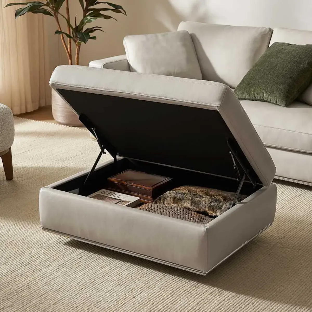 Hamilton Leather Loveseat with Storage Ottoman, (Marche) Ivory