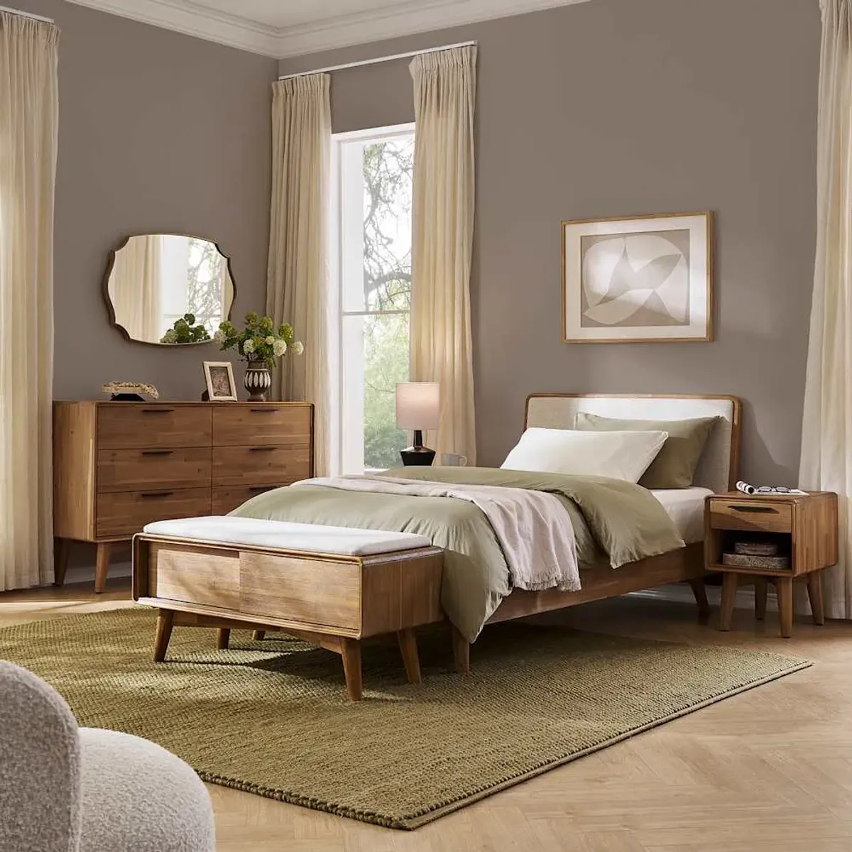 Seb Full Size Bed with 1-Drawer Nightstands Set of 2, (Performance Twill) Creamy White