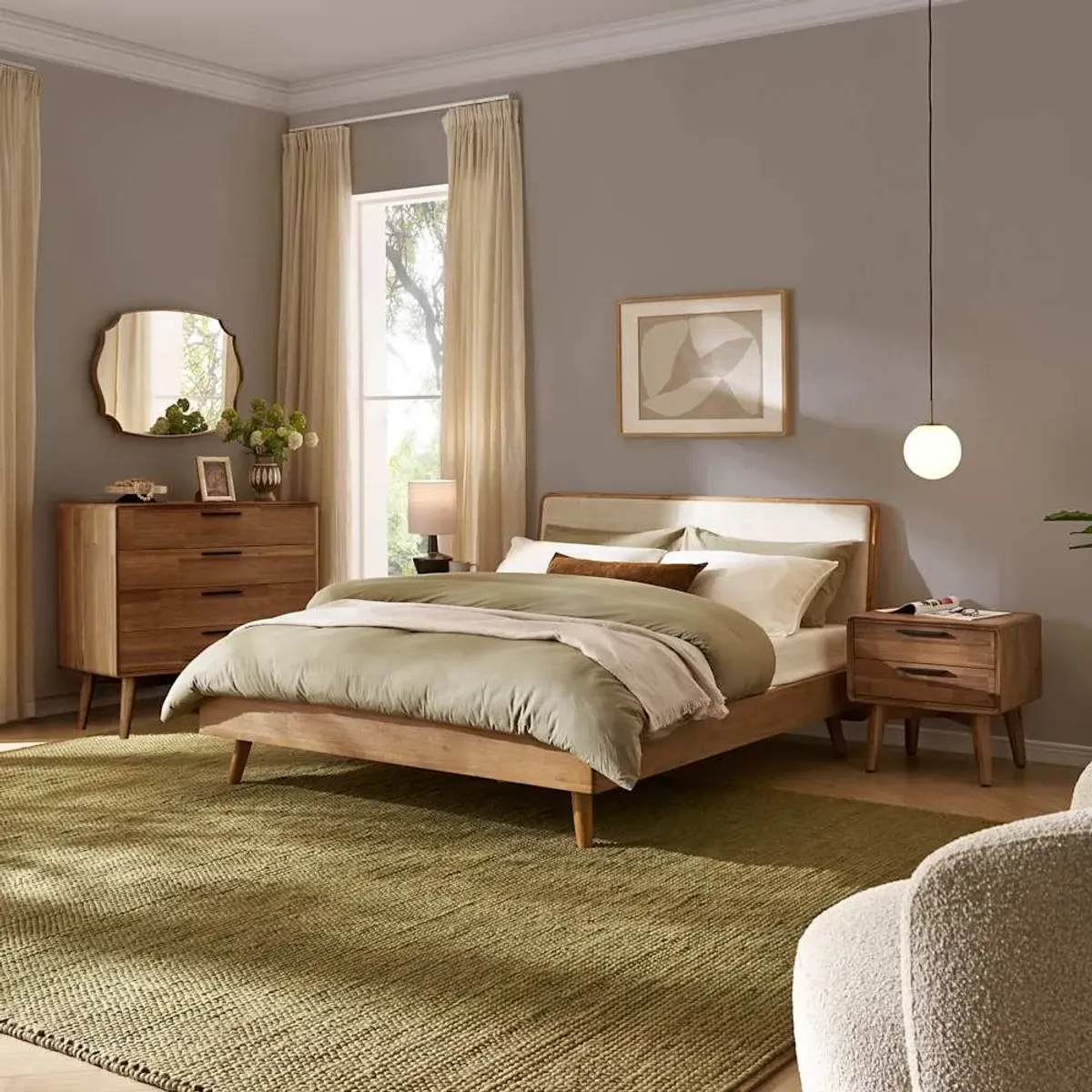 Seb King Size Bed with 4-Drawer Dresser & 2-Drawer Nightstands Set of 2, (Performance Twill) Creamy White