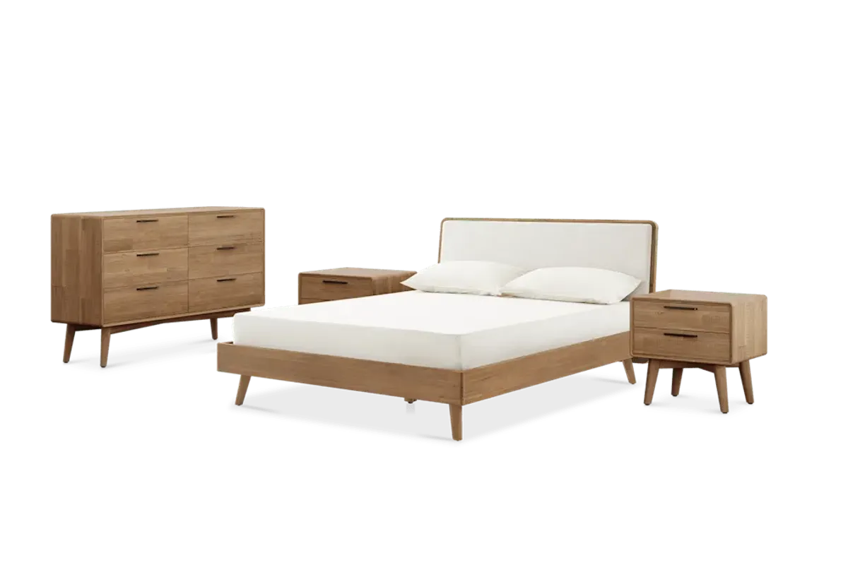 Seb Queen Size Bed with 6-Drawer Dresser & 2-Drawer Nightstands Set of 2, (Performance Twill) Creamy White