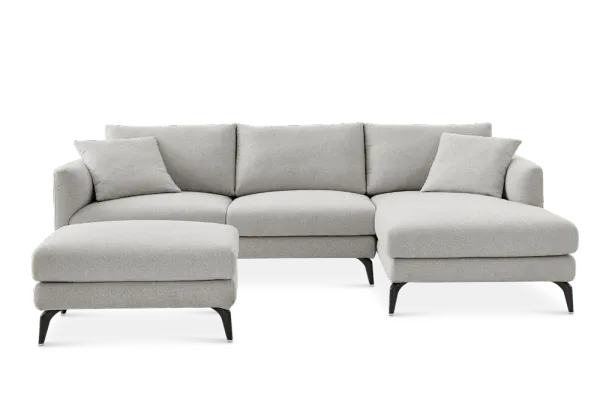 Lena Chaise Sectional Sofa Right Facing with Ottoman, (Performance Hugo) Greige (Matte Black Legs)