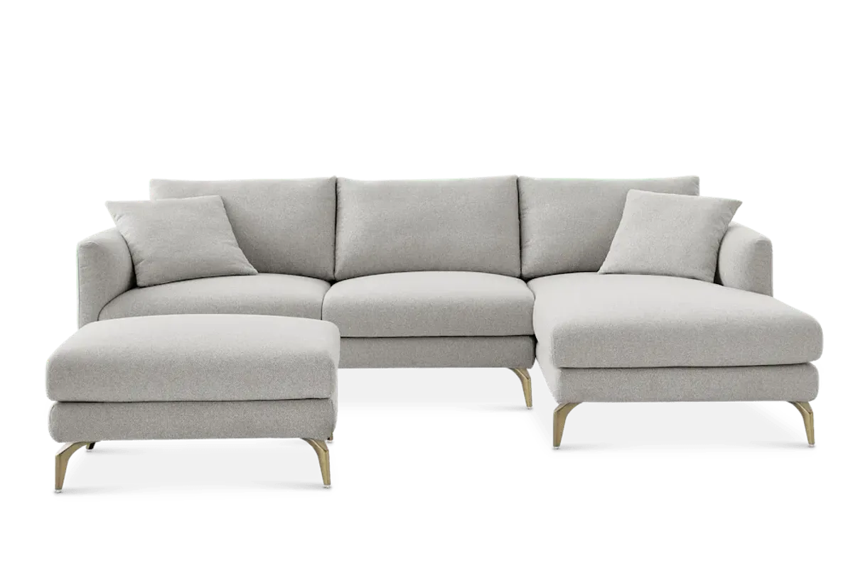 Lena Chaise Sectional Sofa Right Facing with Ottoman, (Performance Hugo) Greige (Brass Legs)