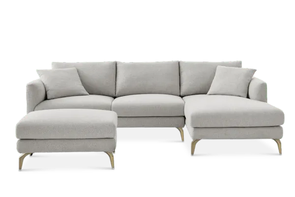 Lena Chaise Sectional Sofa Right Facing with Ottoman, (Performance Hugo) Greige (Brass Legs)