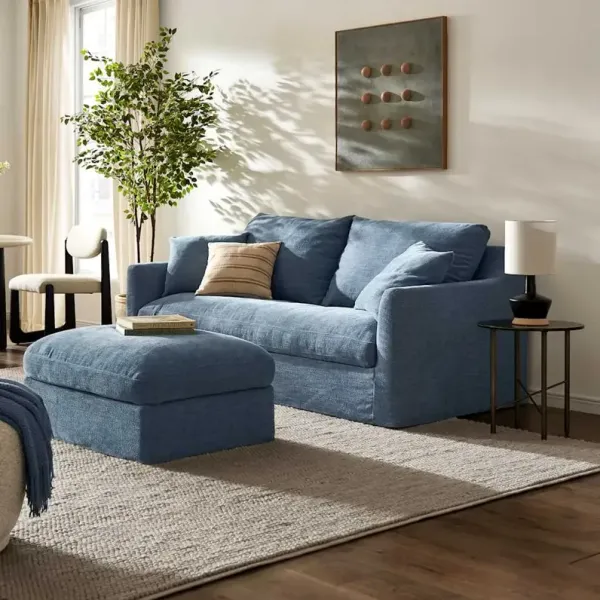 Agnes Slipcover Storage Loveseat with Ottoman, (Sadie) Dusty Blue