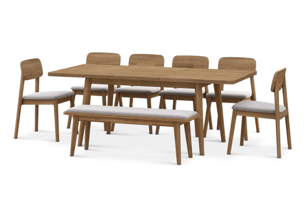 Seb Extendable Dining Table 59.1" with 6 Fabric Chairs and 51.2" Bench, (Performance Twill) Creamy White