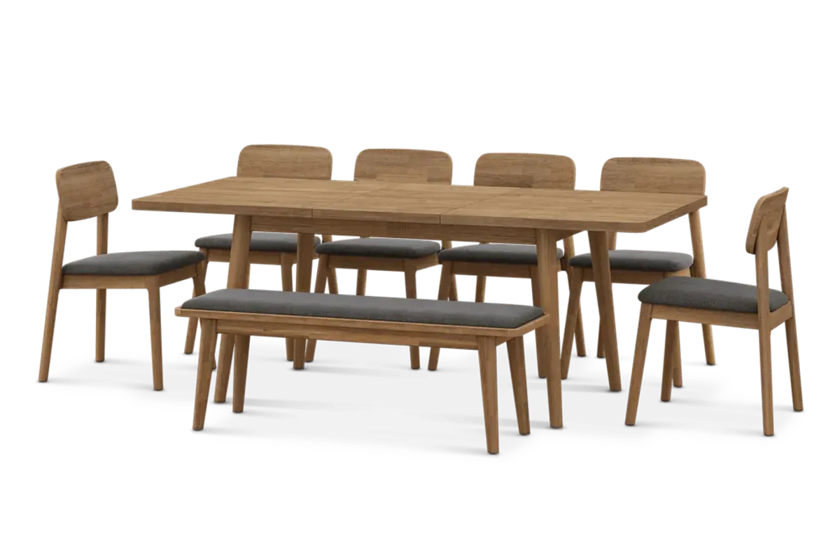 Seb Extendable Dining Table 59.1" with 6 Fabric Chairs and 51.2" Bench, (Performance Twill) Slate