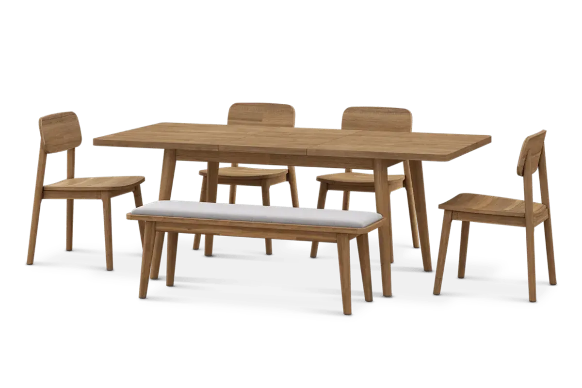 Seb Extendable Dining Table 59.1" with 4 Wooden Chairs and 51.2" Bench, (Performance Twill) Creamy White