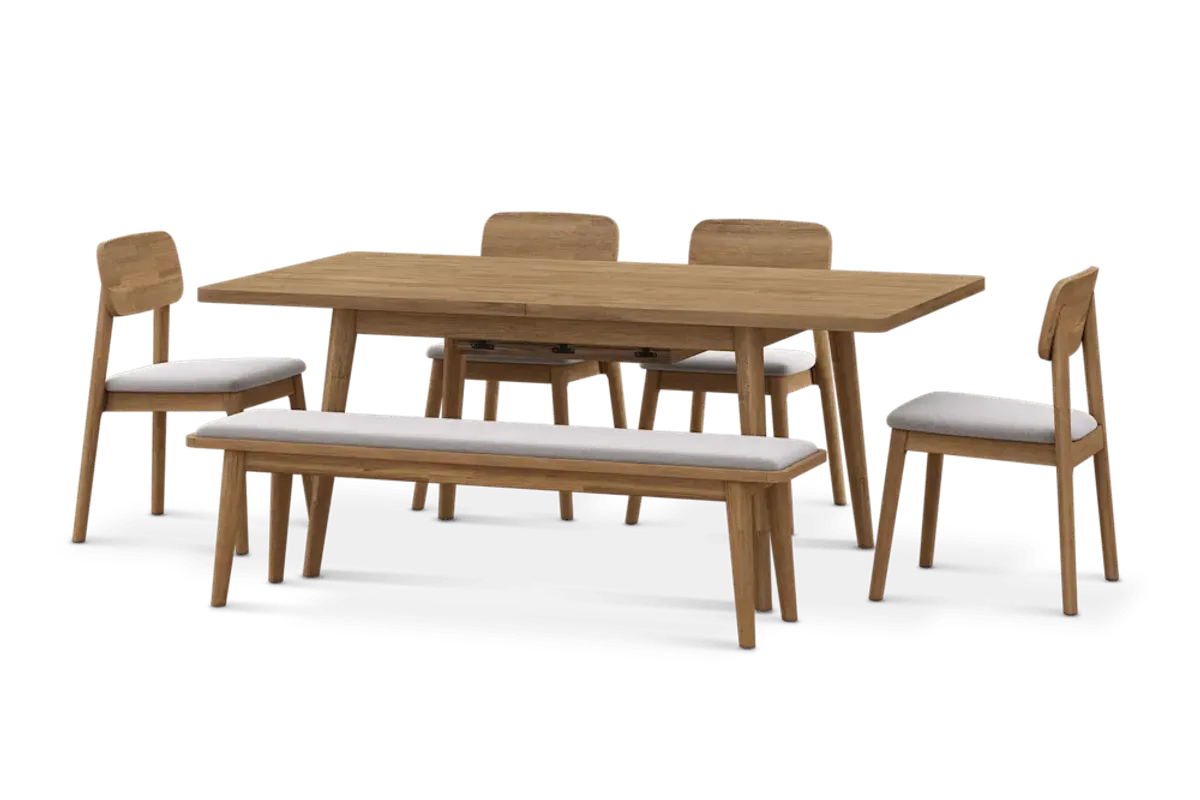 Seb Extendable Dining Table 74.8" with 4 Fabric Chairs and 63" Bench, (Performance Twill) Creamy White