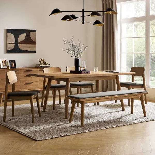 Seb Extendable Dining Table 74.8" with 4 Fabric Chairs and 63" Bench, (Performance Twill) Slate