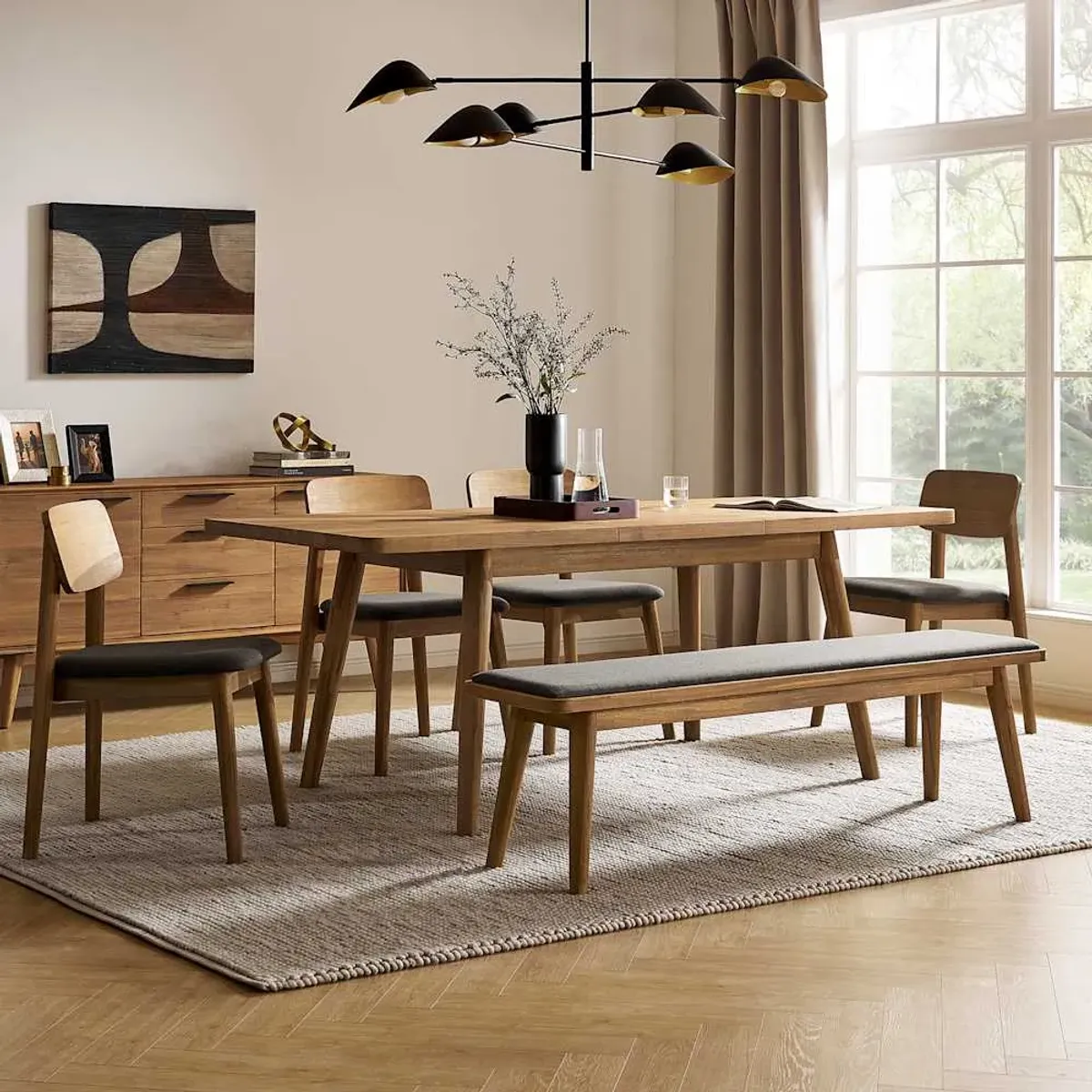 Seb Extendable Dining Table 74.8" with 6 Fabric Chairs and 63" Bench, (Performance Twill) Slate