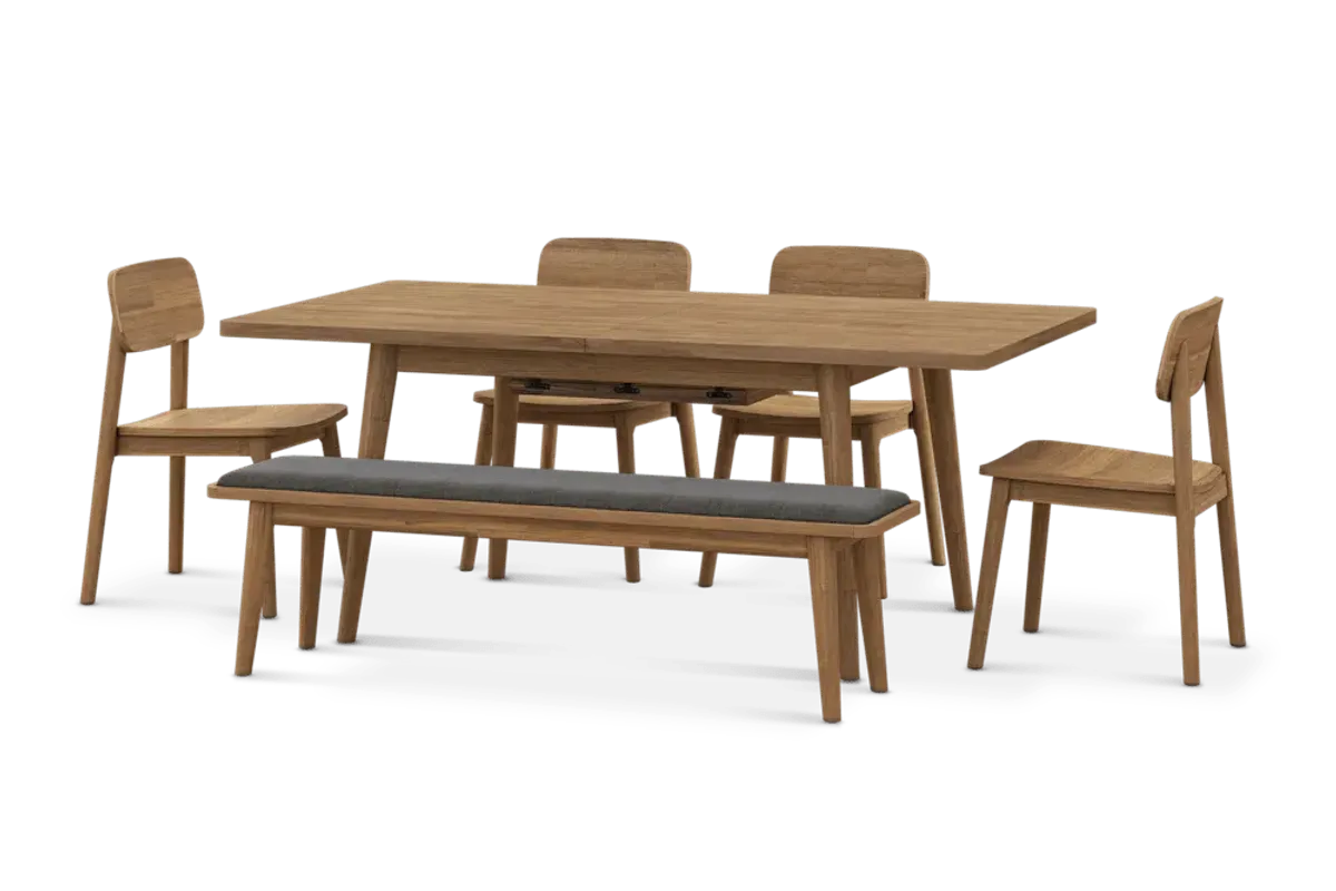 Seb Extendable Dining Table 74.8" with 4 Wooden Chairs and 63" Bench, (Performance Twill) Slate