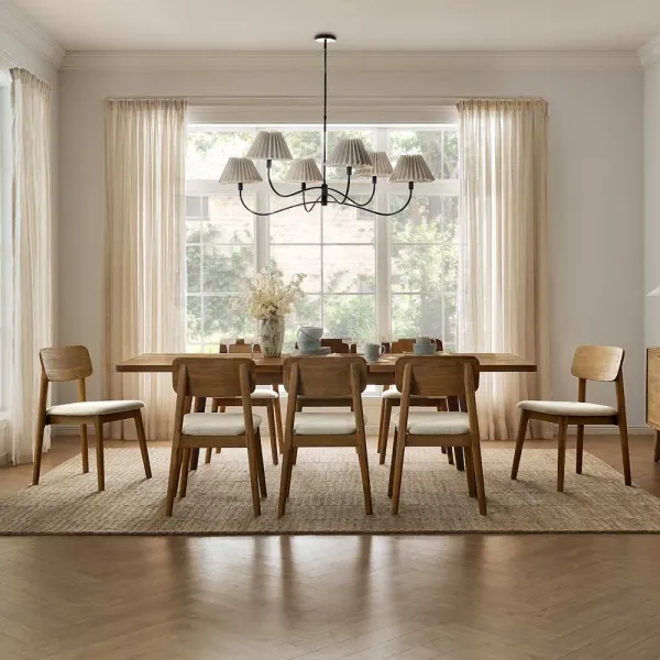 Seb Extendable Dining Table 74.8" with 8 Fabric Chairs, (Performance Twill) Creamy White
