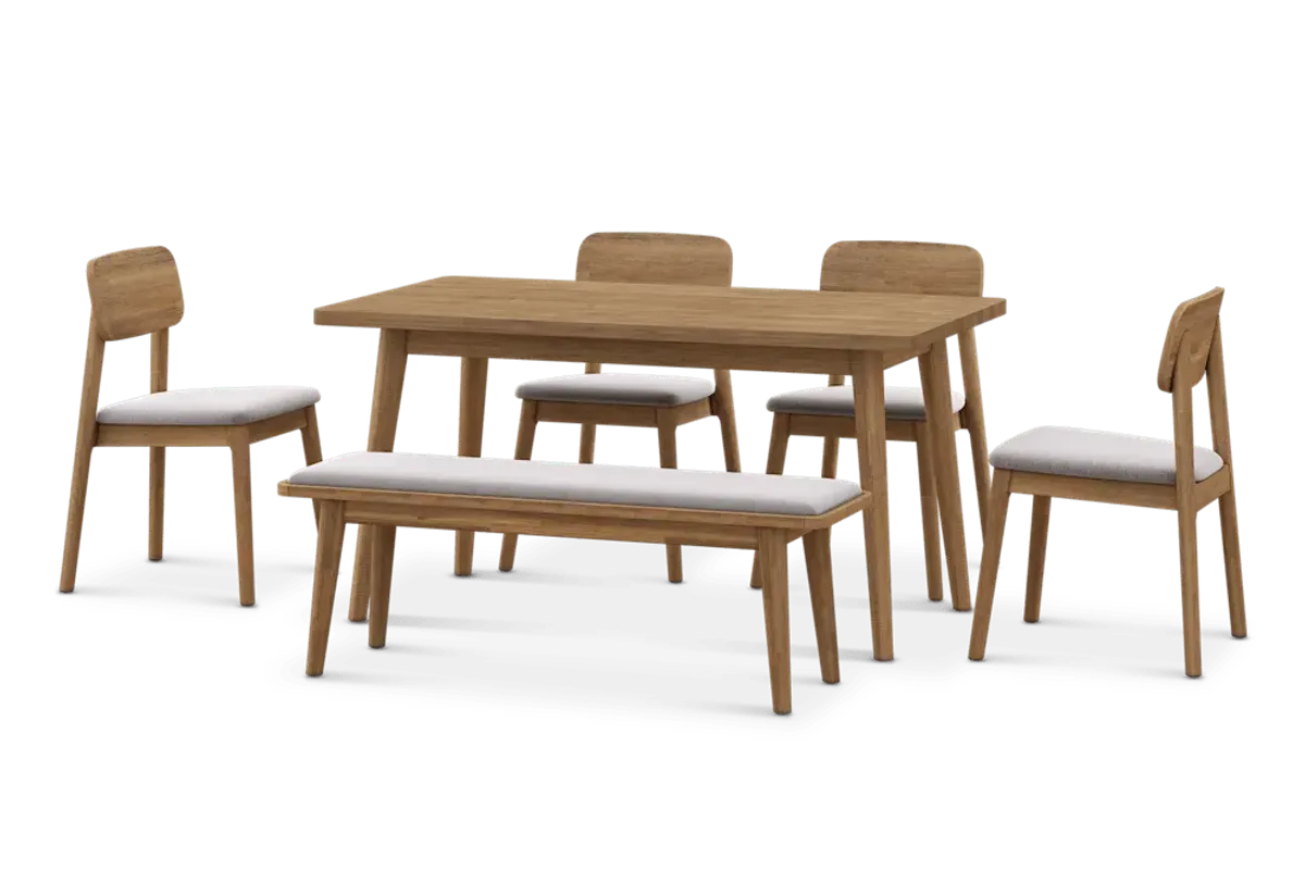 Seb Dining Table Table 59.1" with 4 Fabric Chairs and 51.2" Bench, (Performance Twill) Creamy White