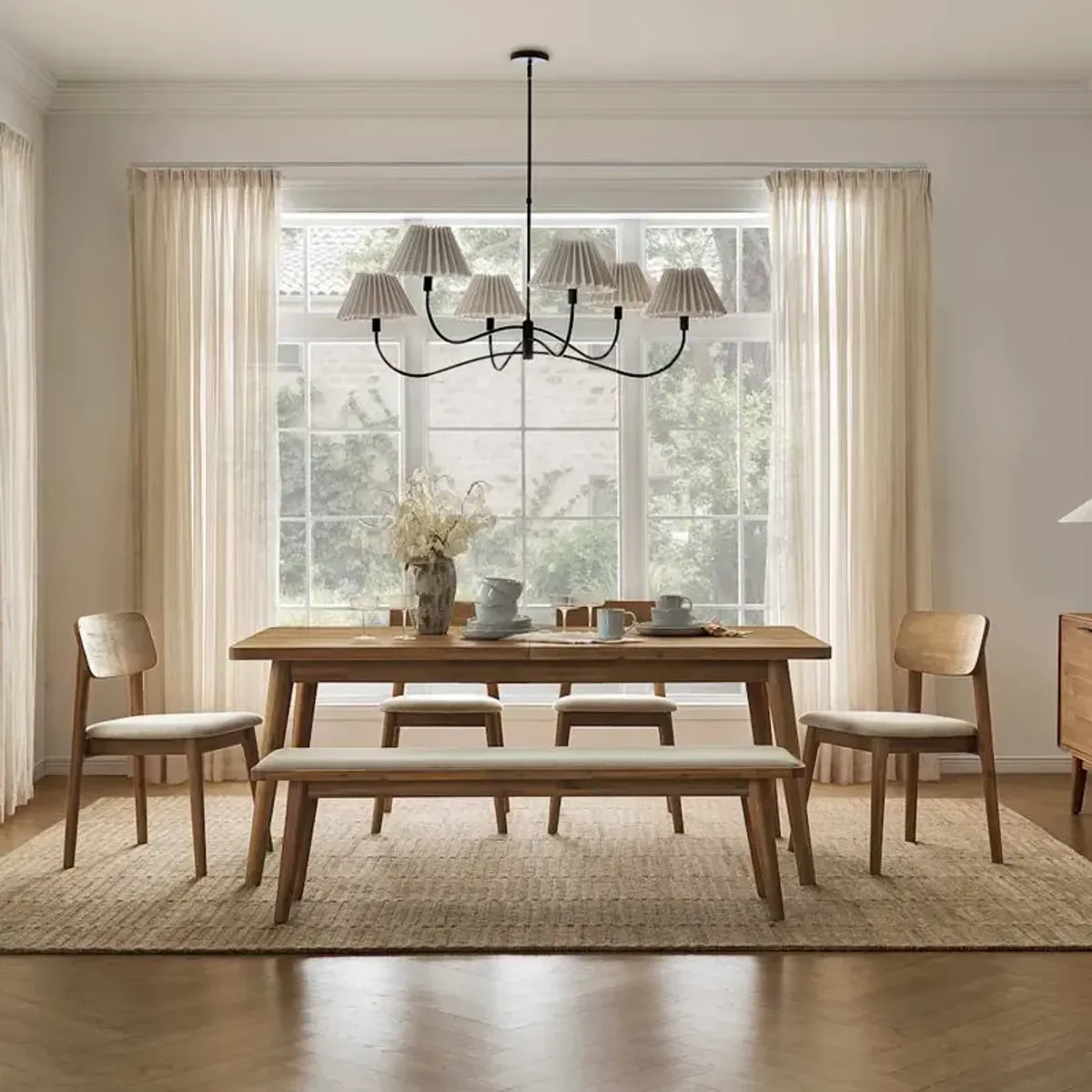 Seb Dining Table Table 59.1" with 4 Fabric Chairs and 51.2" Bench, (Performance Twill) Creamy White