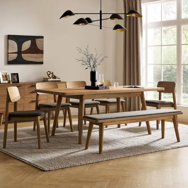 Seb Dining Table Table 59.1" with 4 Fabric Chairs and 51.2" Bench, (Performance Twill) Slate