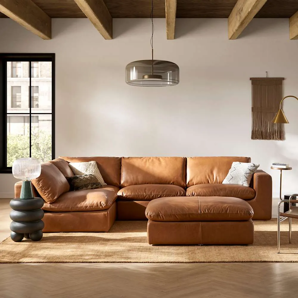 Dawson Leather Chaise Sectional Sofa with Large Storage Ottoman Left Facing, (Orion) Cocoa