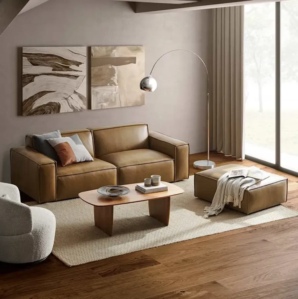 Jonathan Leather Sofa with Ottoman, Caramel