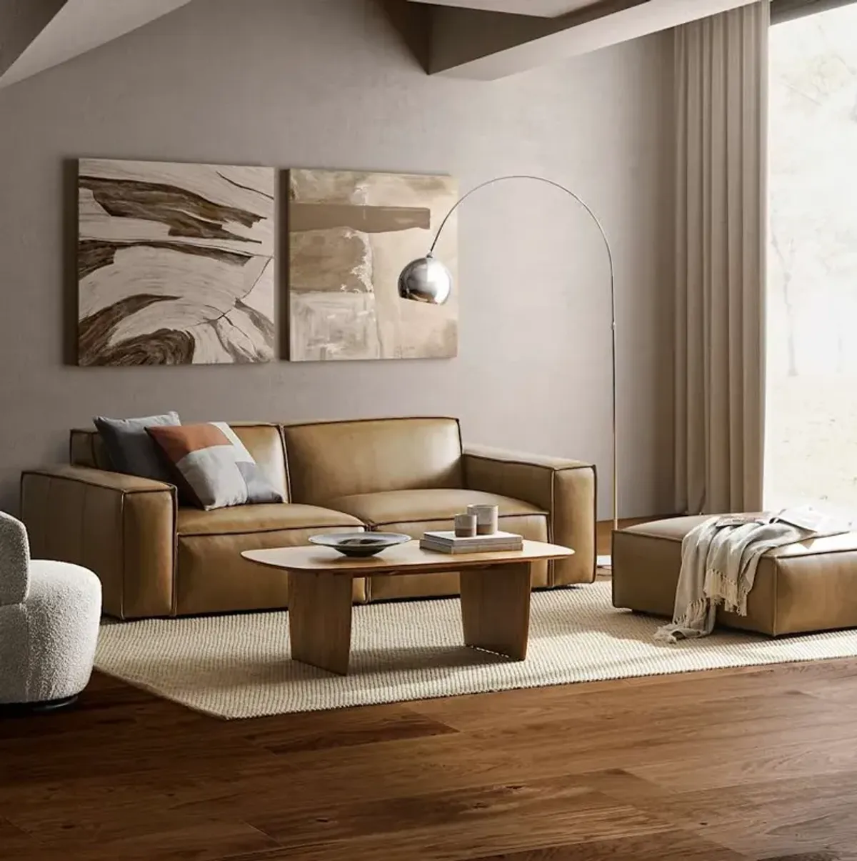 Jonathan Leather Sofa with Ottoman, Caramel