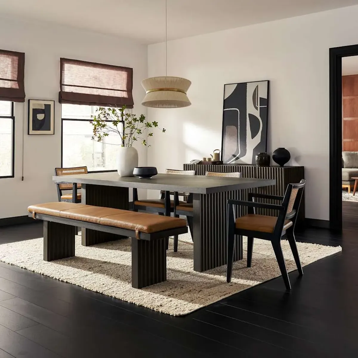 Sloane Dining Table 88.6" with Bench 70.9" and 4 Leather Arm Chairs
