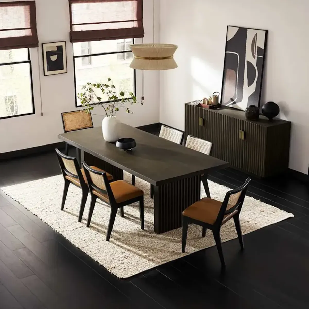 Sloane Dining Table 88.6" No Bench and 4 Leather Chairs