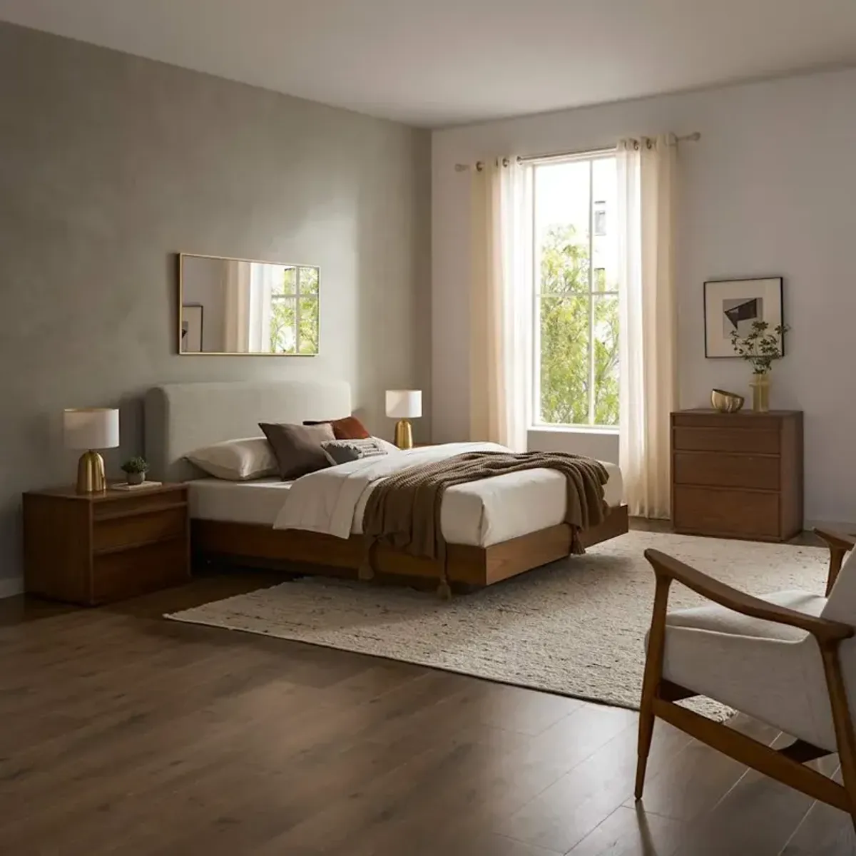 Joseph Queen Size Bed with 2 Nightstands & 3-Drawer Dresser Set, Ivory Beige