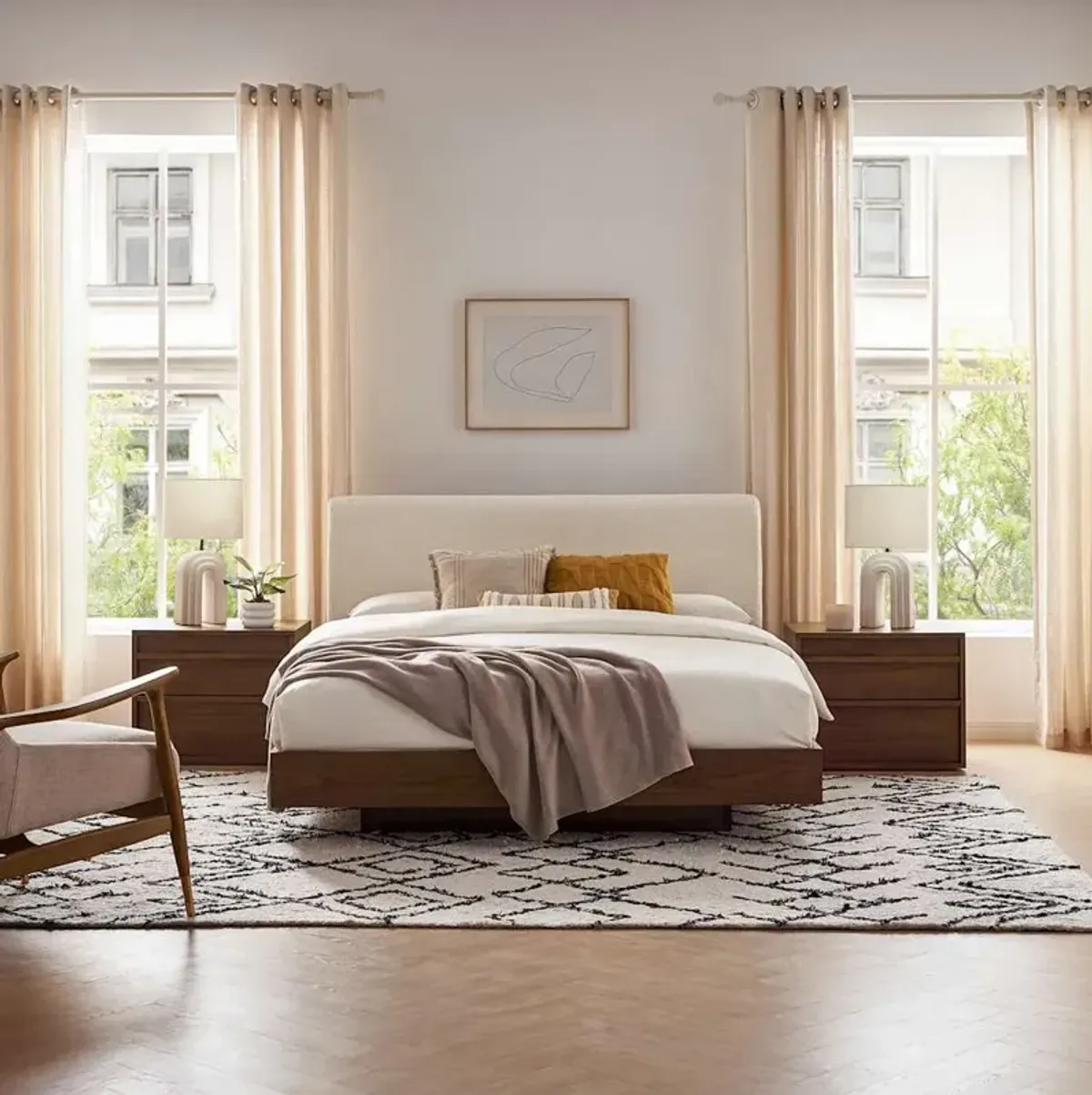 Joseph Queen Size Bed with 2 Nightstands Set, Snow Bouclé