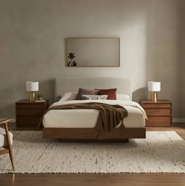 Joseph Queen Size Bed with 2 Nightstands Set, Ivory Beige