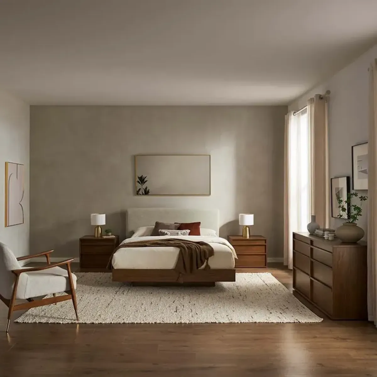 Joseph King Size Bed with 2 Nightstands & 6-Drawer Dresser Set, Ivory Beige