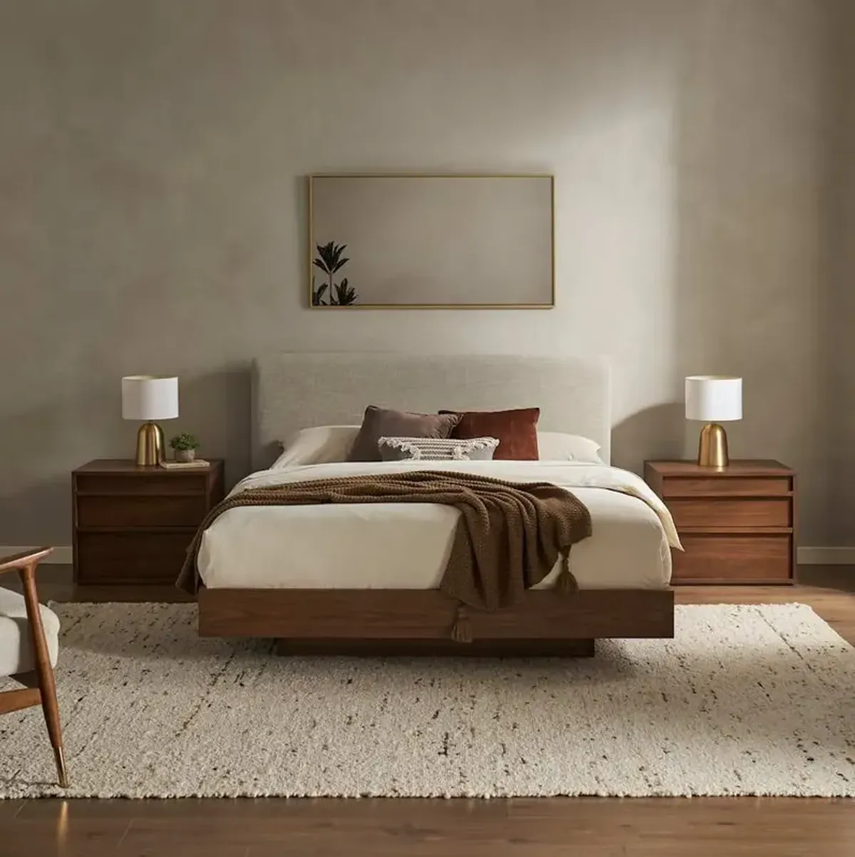 Joseph King Size Bed with 2 Nightstands Set, Ivory Beige