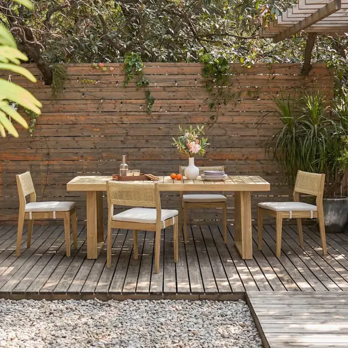 Rio Outdoor Teak Dining Table, 63” and 6 Chairs (Treated Version) with ...