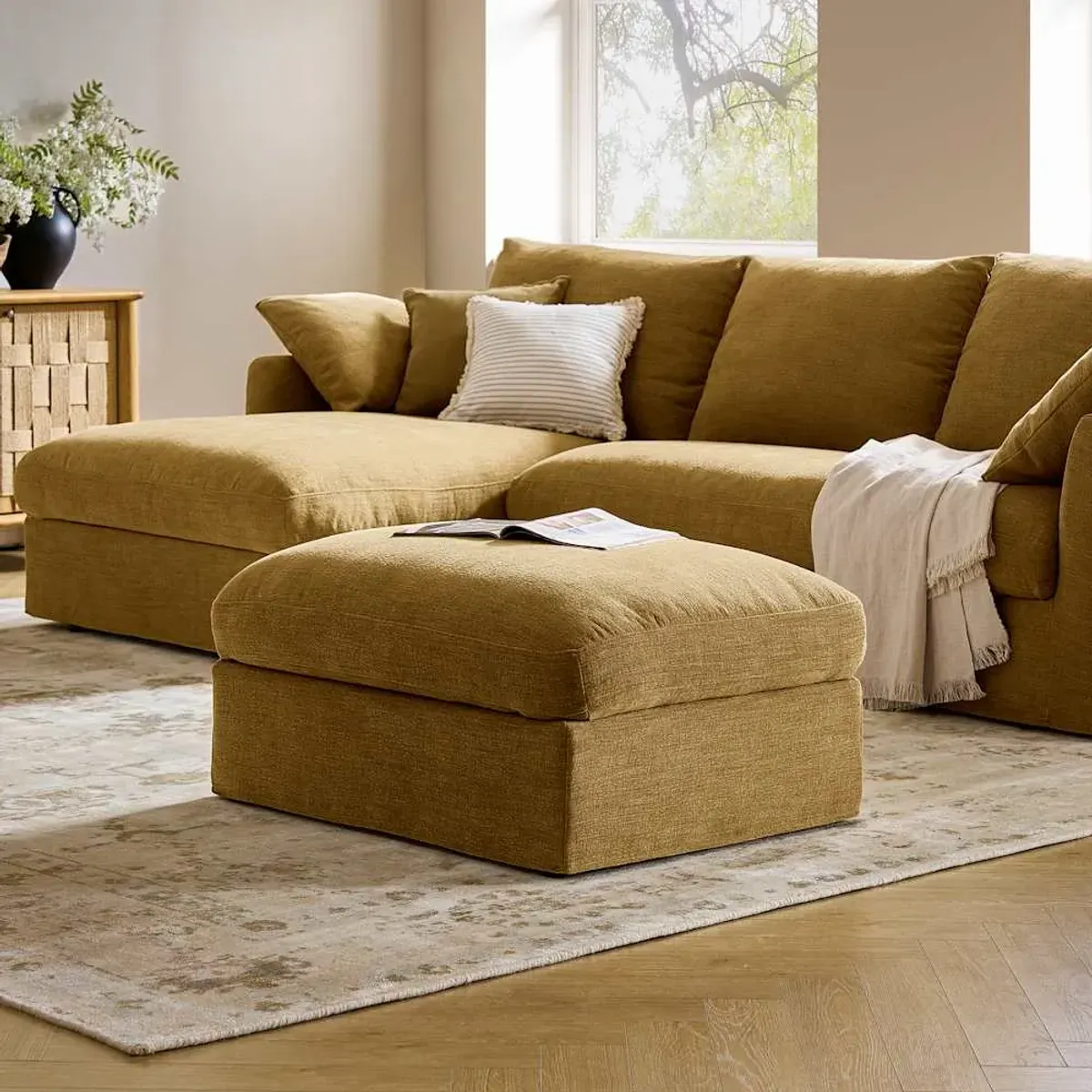 Agnes Slipcover Storage Sofa 88.6" with Ottoman, (Sadie) Mustard Brown