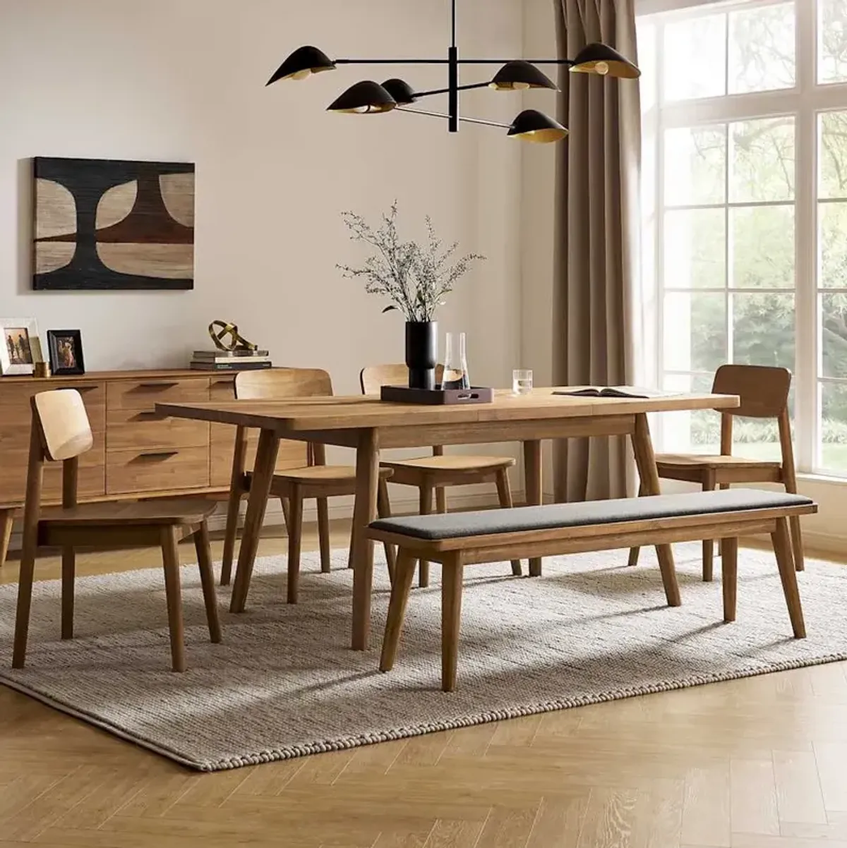 Seb Dining Table Table 59.1" with 2 Wooden Chairs and 51.2" Bench, (Performance Twill) Slate