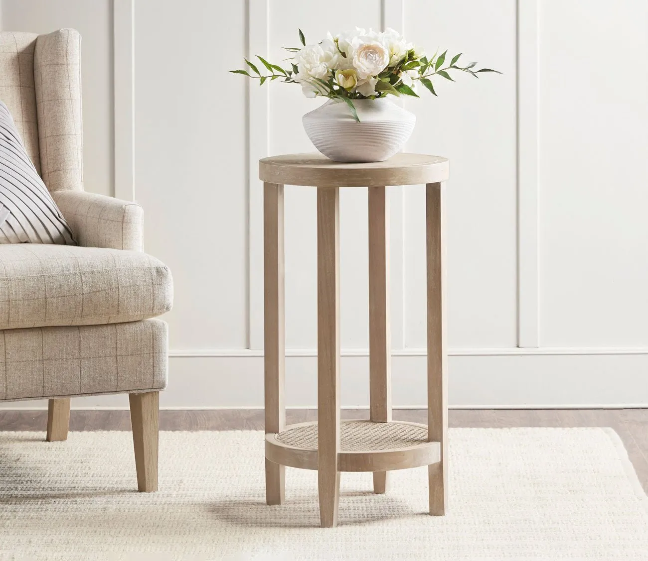 Martha Stewart Harley Round Wood Rattan Shelf Accent Table