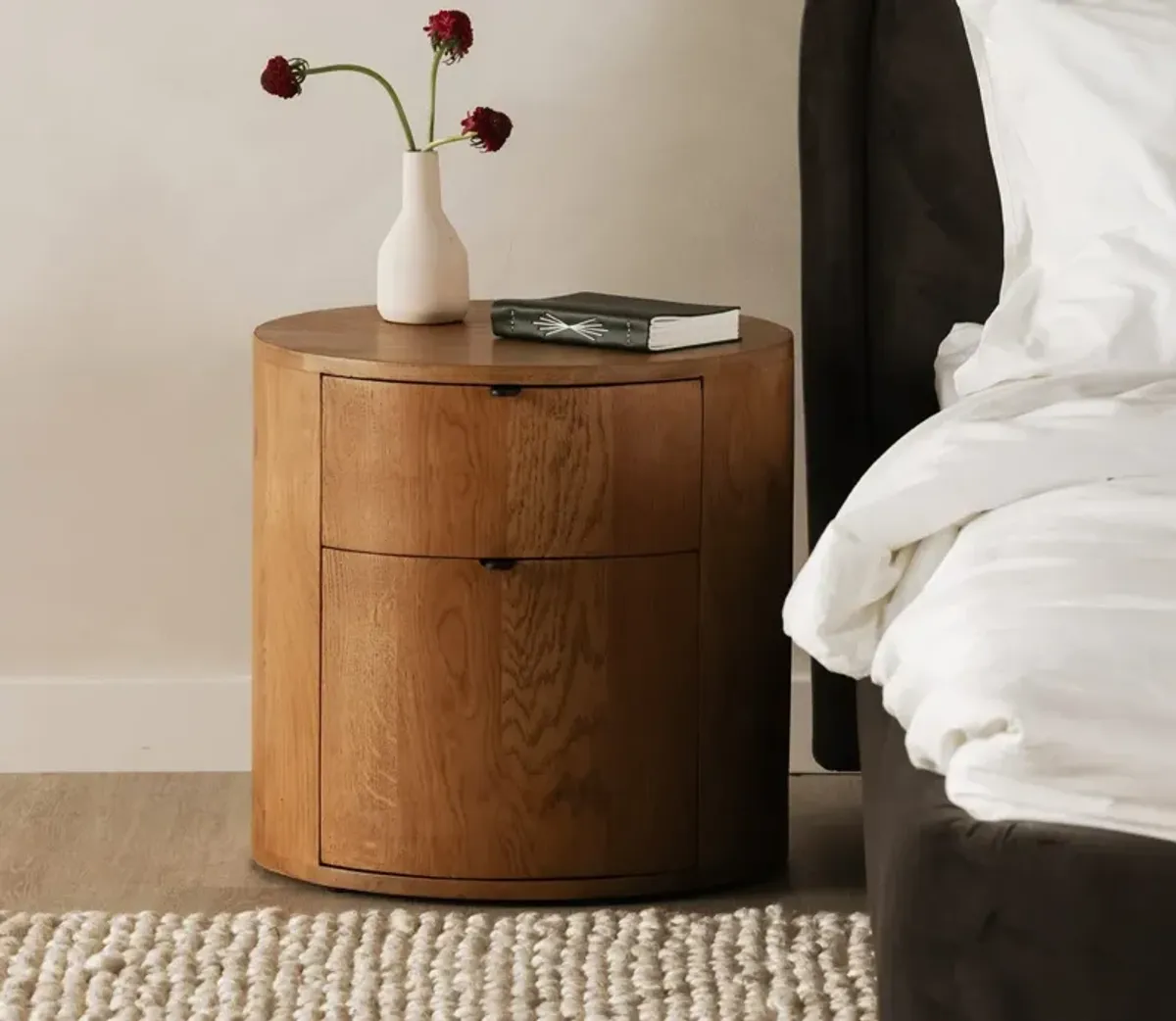 Moe's Furniture Theo Solid Oak Wood Round 2-Drawer Nightstand