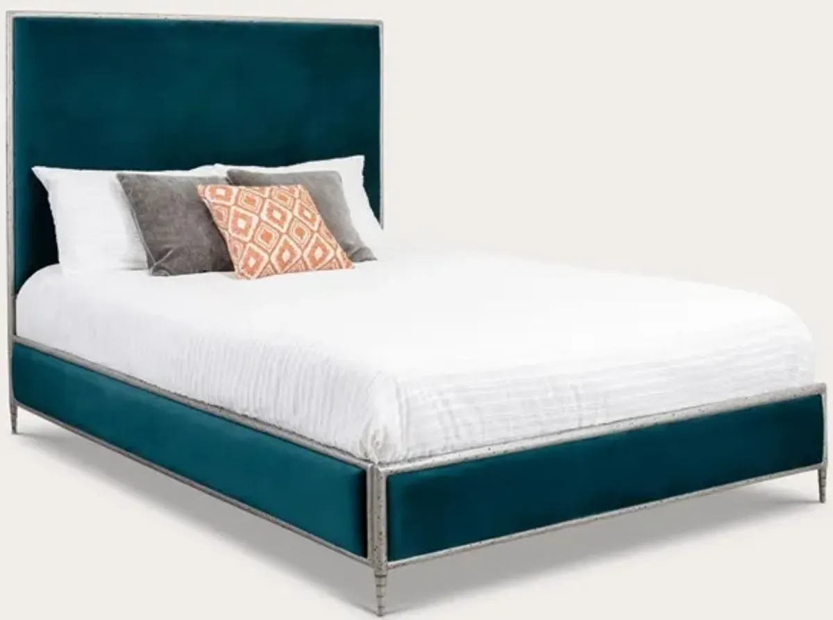 Wesley Allen Royce Upholstered Iron Bed Handcrafted - Hammered Steel - Royal Teal - Queen