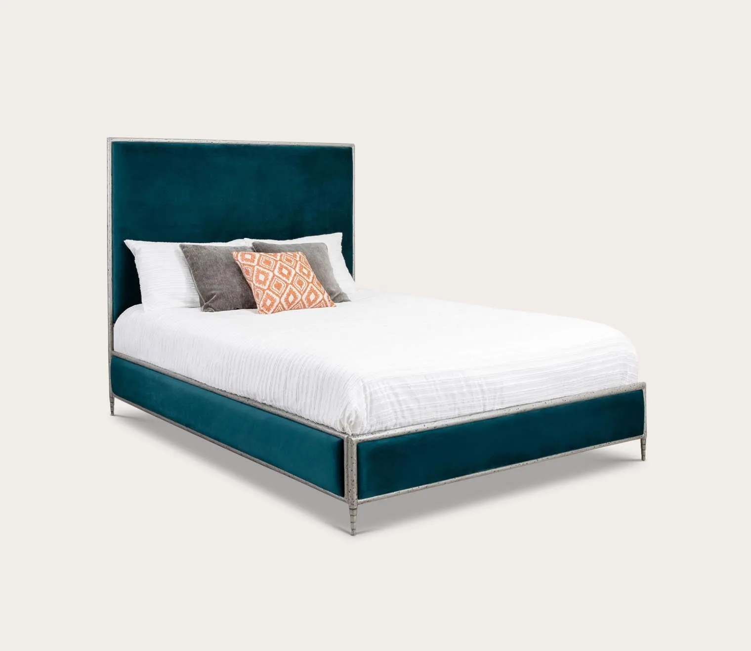 Wesley Allen Royce Upholstered Iron Bed Handcrafted - Hammered Steel - Royal Teal - Queen