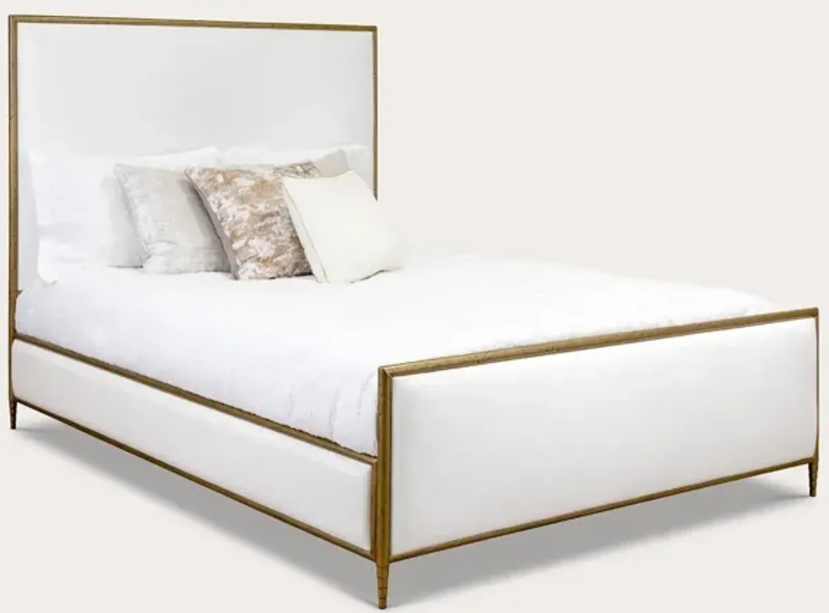 Wesley Allen Royce Upholstered Iron Bed Handcrafted - Hammered Brass - Royal White - Queen