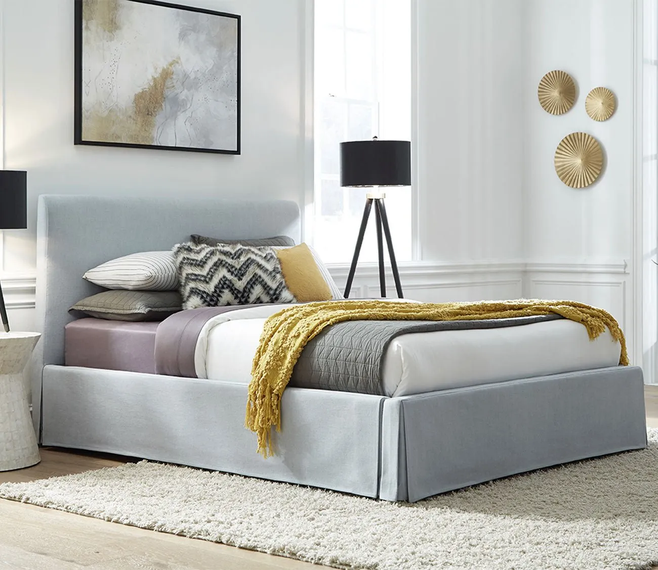 Modus Furniture Shelby Upholstered Skirted Storage Panel Bed - Queen