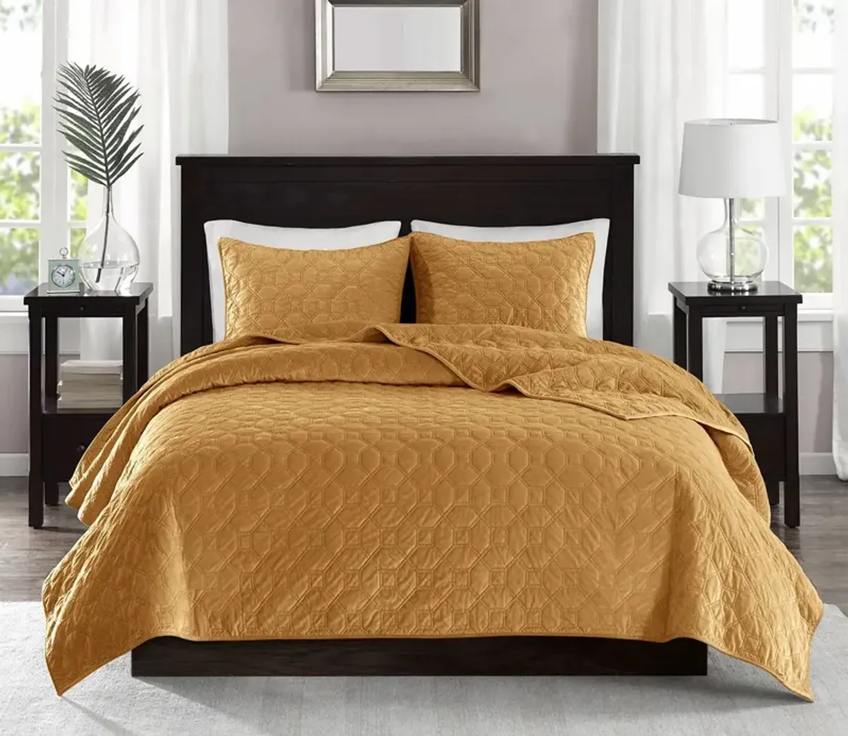 Madison Park Harper Geometric Quilted Faux Velvet 3-Piece Coverlet Set