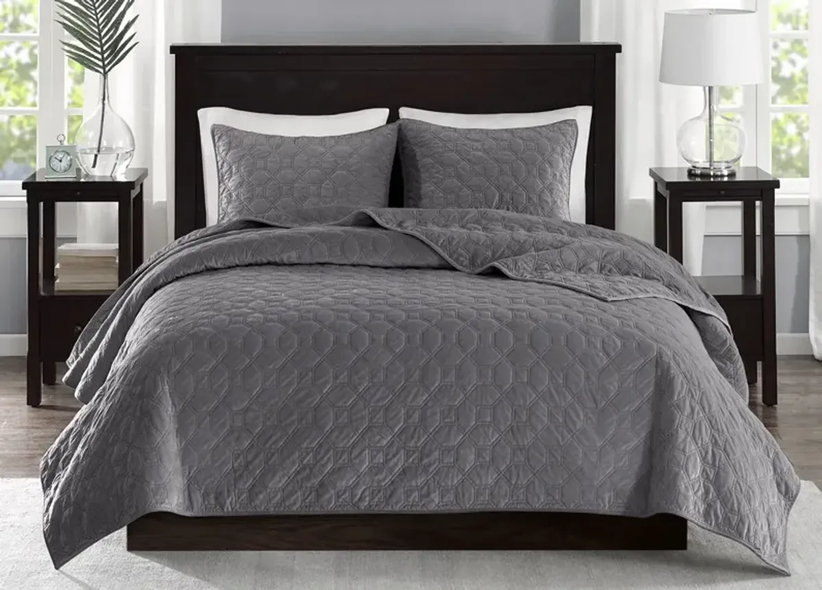 Madison Park Harper Geometric Quilted Faux Velvet 3-Piece Coverlet Set