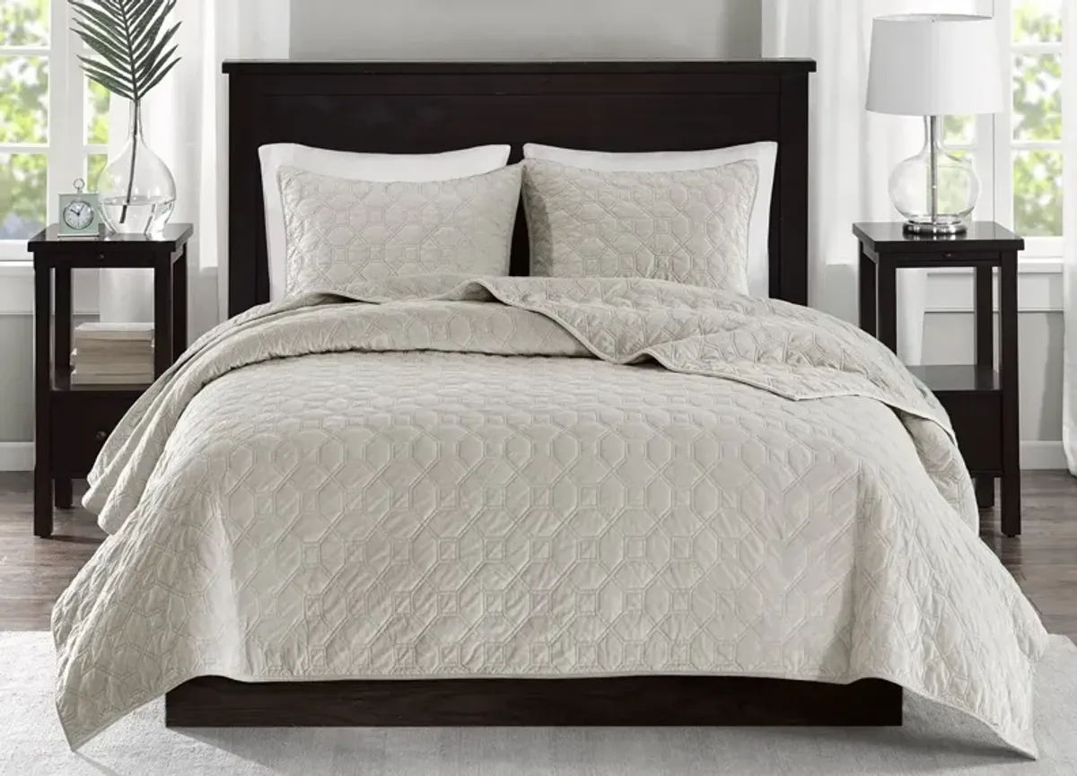 Madison Park Harper Geometric Quilted Faux Velvet 3-Piece Coverlet Set