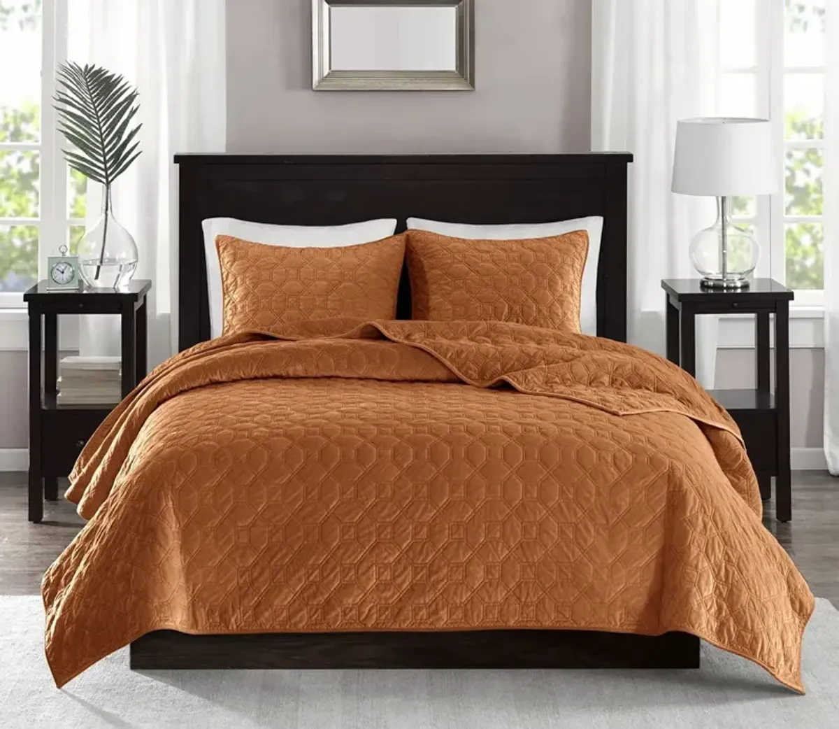 Madison Park Harper Geometric Quilted Faux Velvet 3-Piece Coverlet Set