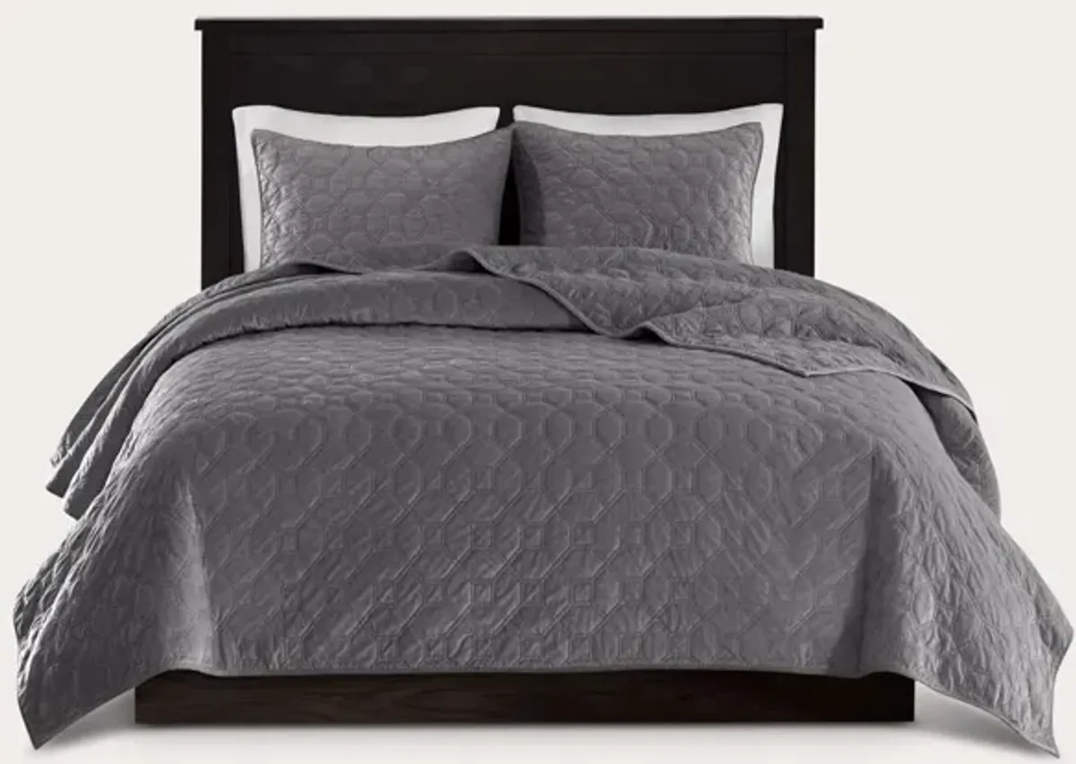 Madison Park Harper Geometric Quilted Faux Velvet 3-Piece Coverlet Set